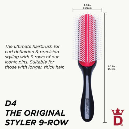Denman D4 The Original Styler 9-Row Brush dimensions showing 21.1cm length and 5.2cm brush width, ideal for defining curls and styling longer, thicker hair.