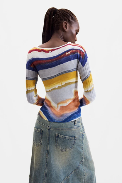 Desigual Printed Fine Knit Jumper – Multicolour shown from the back. Shop Desigual at Dotique.