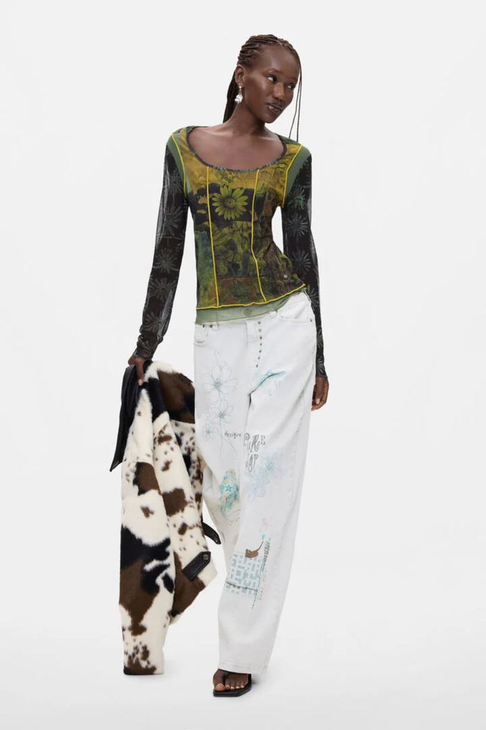 Desigual Printed Long Sleeve Top – Black Multicolour worn by model. Shop Desigual at Dotique.