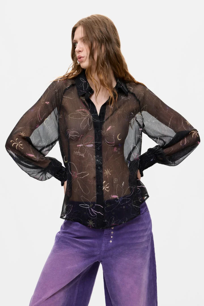 Front view of Desigual Sheer Floral Blouse – Black from Desigual. Shop Desigual at Dotique.