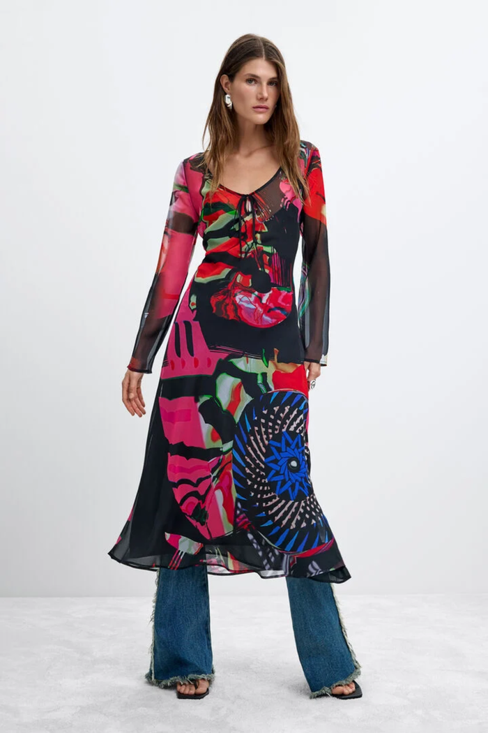 Desigual x M. Christian Lacroix Printed Long Sleeve Midi Dress – Black Multicolour worn by model. Shop Desigual at Dotique