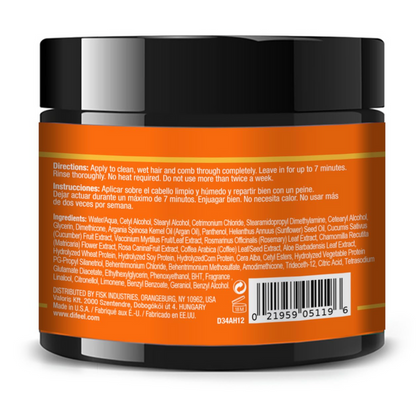Back label of Difeel Argan Oil Hydrating Hair Mask 340g showing directions for use, full ingredients list and product information.