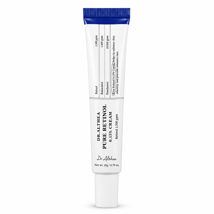 dr. althea pure retinol 0.15% cream in a white tube with navy blue trim, 20g, on a white background
