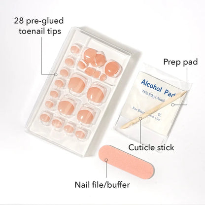 Ebin New York Mood Too Classy Pre-Glued Toenails kit showing 28 press-on toenail tips, alcohol prep pad, cuticle stick and nail file buffer for easy at-home application.