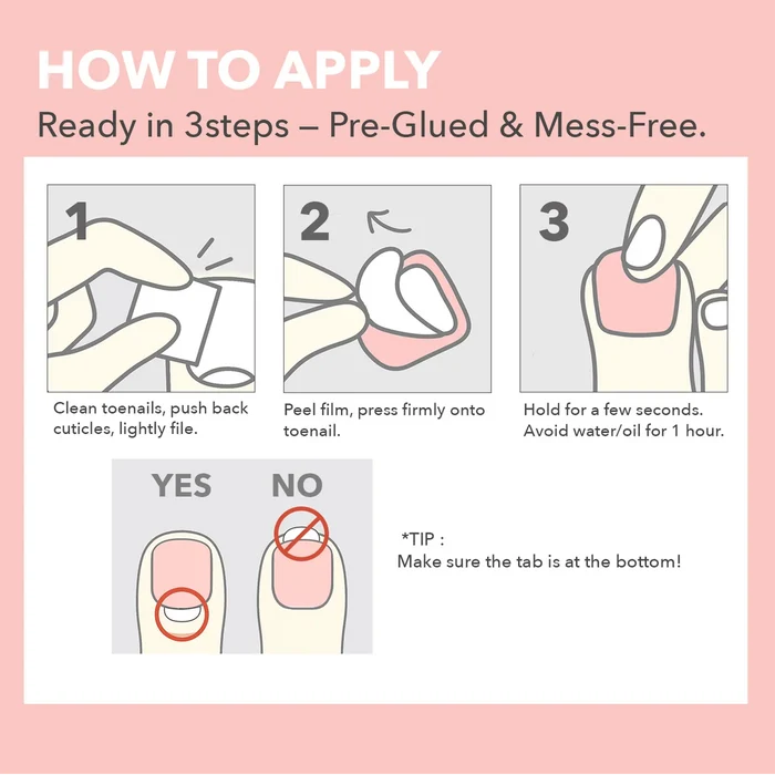Step-by-step application guide for Ebin New York Mood Too Classy pre-glued press-on toenails showing nail preparation, peel-and-press application and correct placement.
