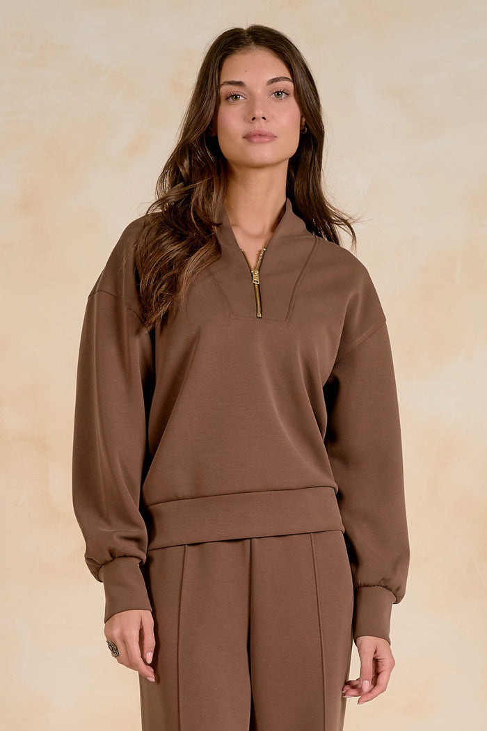 Elan SC11742 3/4 Zip Top Light Brown on model Shop Elan at Dotique