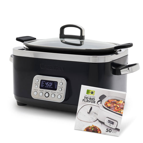 A black Elite 14-in-1 6-Quart Slow Cooker with a digital display sits beside a recipe booklet showing the cooker and a food dish on the cover, highlighting the easy-to-use presets.