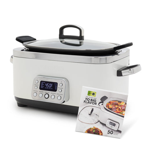 The Elite 14-in-1 6-Quart Slow Cooker in Cloud Cream features a digital display, control buttons, glass lid, and side handles. A cookbook and dish of vegetables and meat highlight its easy presets for effortless cooking.