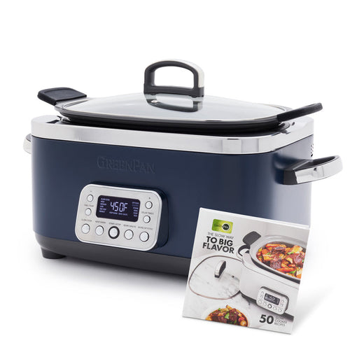 An Oxford Blue Elite 14-in-1 6-Quart Slow Cooker with a glass lid, digital display, and control buttons is shown beside a recipe booklet featuring a dish and the cooker on its cover.