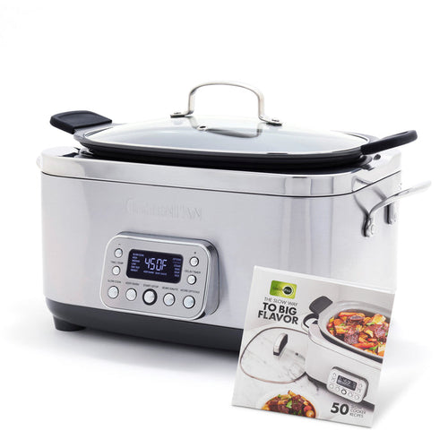 The Elite 14-in-1 6-Quart Slow Cooker | Premiere Stainless Steel features a digital display, easy presets, control buttons, glass lid, and includes a recipe booklet with delicious dishes and the cooker pictured on the cover.