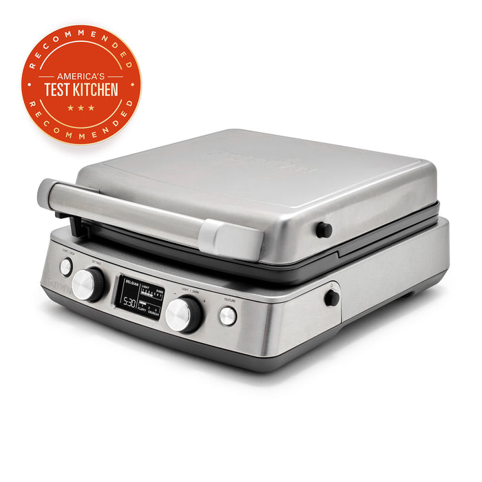 The Elite Ceramic Nonstick 4-Square Waffle Maker | Premiere Stainless Steel is shown with digital controls and knobs, perfect for Liège waffles. An Americas Test Kitchen Recommended badge appears in the top left corner.