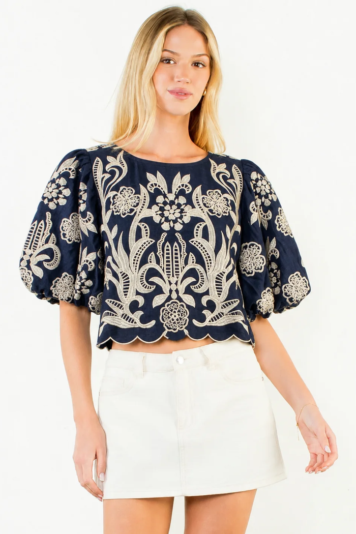 Embroidered Puff Sleeve Top, Navy