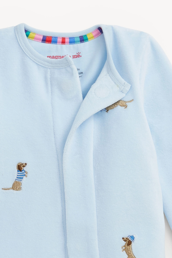 Embroidery Dogs Blue Velour Footie