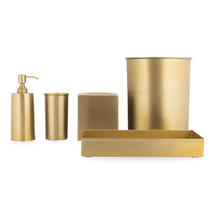 Characterized by its clean design and sleek silhouettes, the Essential Collection features an effortlessly elegant matte brass finish that will elevate any bathroom or kitchen coun