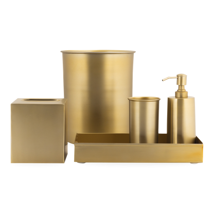 Characterized by its clean design and sleek silhouettes, the Essential Collection features an effortlessly elegant matte brass finish that will elevate any bathroom or kitchen coun