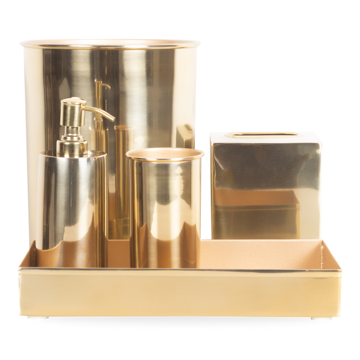 Characterized by its clean design and sleek silhouettes, the Essential Collection features an effortlessly elegant polished brass finish that will elevate any bathroom or kitchen c