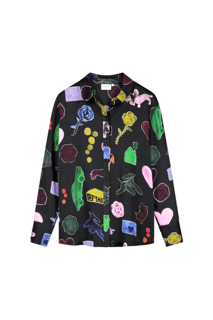 Black long sleeve shirt with colorful abstract shapes on a white background