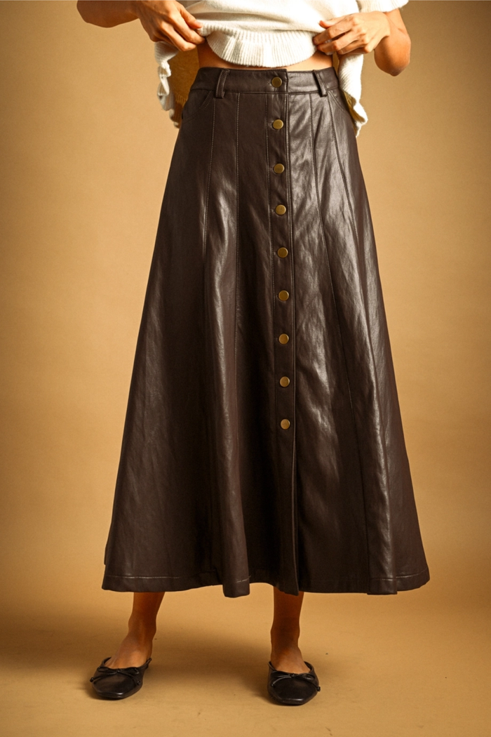 Faux Leather Button Front Skirt, Brown