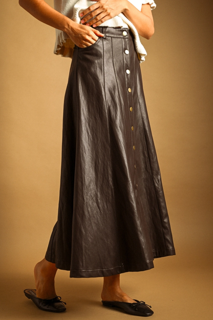 Faux Leather Button Front Skirt, Brown