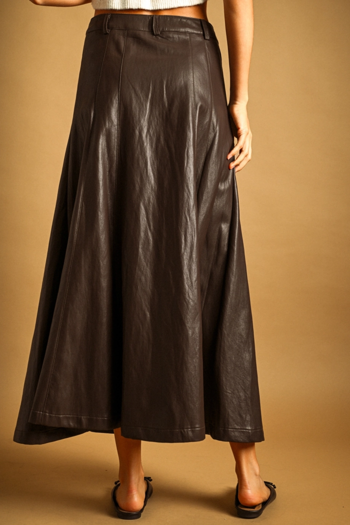 Faux Leather Button Front Skirt, Brown