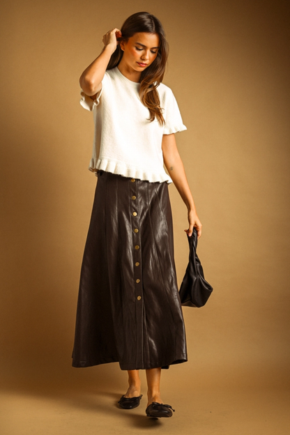 Faux Leather Button Front Skirt, Brown