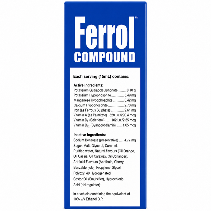 Ferrol Compound Liquid Tonic 500ml list of active ingredients per 15ml