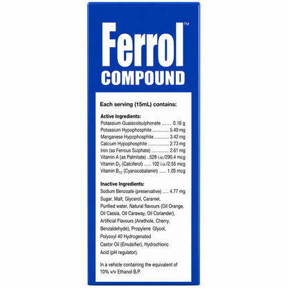 Ferrol Compound Liquid Tonic 500ml list of active ingredients per 15ml