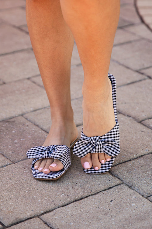FINAL SALE - Bow Moment Gingham Black Slide Sandals