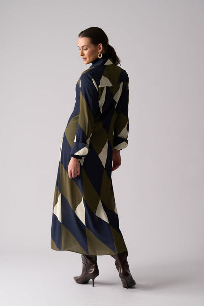 Model wearing Foil FO8501 Maximum Impact Dress Mod Geo. Shop Foil at Dotique