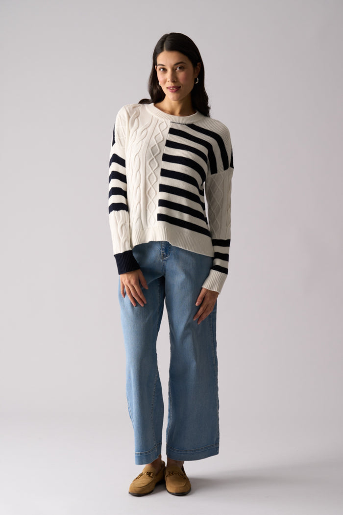 Model wearing Foil FO8516 Line Theory Jumper True Navy Mix. Shop Foil at Dotique