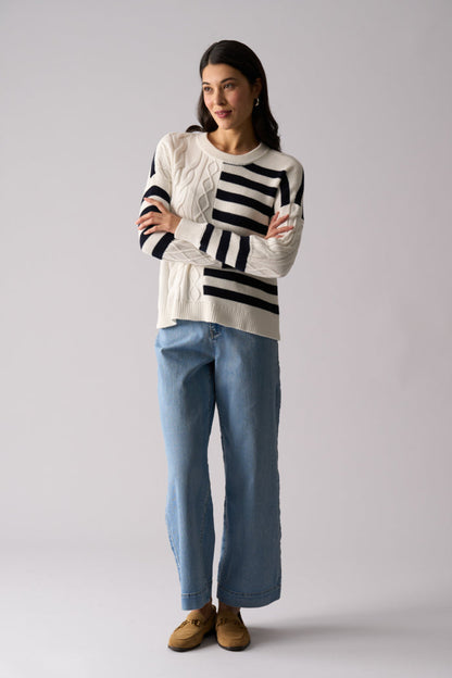 Model wearing Foil FO8516 Line Theory Jumper True Navy Mix. Shop Foil at Dotique