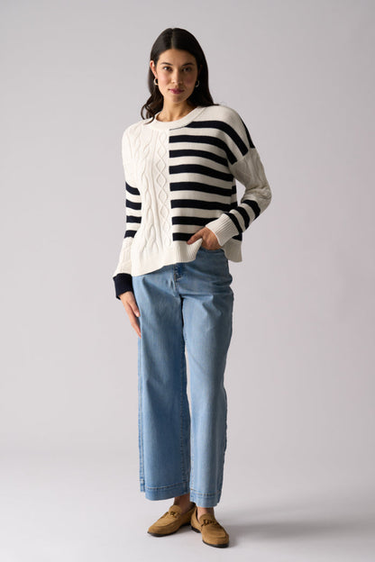 Model wearing Foil FO8516 Line Theory Jumper True Navy Mix. Shop Foil at Dotique