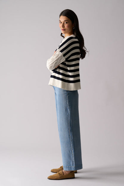 Model wearing Foil FO8516 Line Theory Jumper True Navy Mix. Shop Foil at Dotique