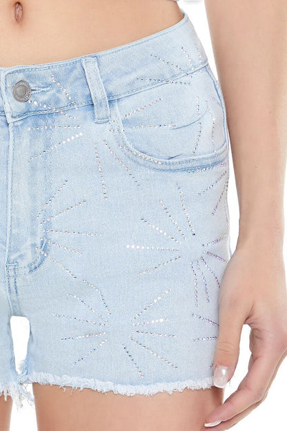 Frayed Rhinestone Denim Shorts