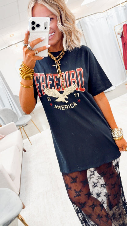 Free Bird 1977 Floral Lace T-Shirt Dress-Black