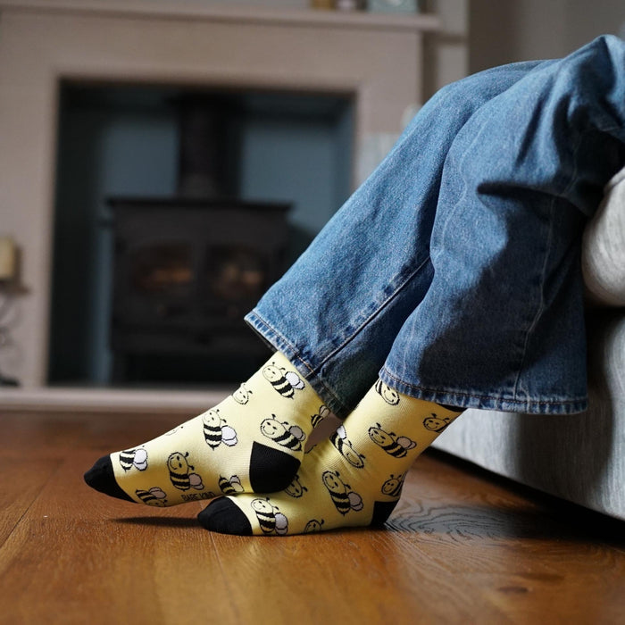 model wearing bee socks