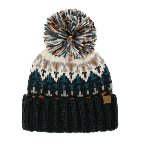 Geometric Pattern Knit Beanie With Multi Color Yarn Pom