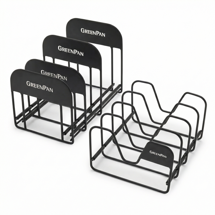 Set of two black metal organizers with divided slots for storing pots and lids.