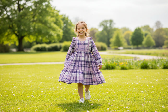 Girls Long Sleeved Dress - Flanel Check Lilac (3-8y) (PK6) H53591