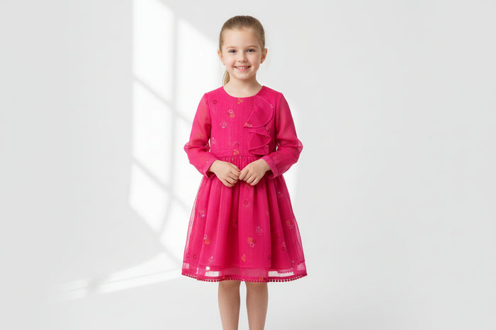 Girls Long Sleeved Dress - Fuschia Floral  (3-8y) (PK6) H53593