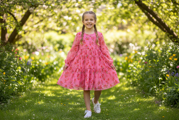 Girls Long Sleeved Dress - Pink Floral  (3-8y) (PK6) H53592