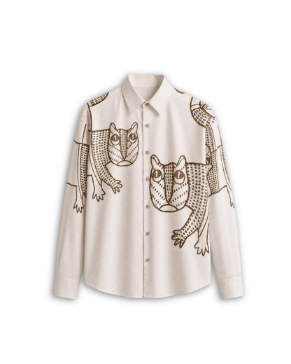 Gond Tiger shirt for women in off white Giza cotton, flat front view with brown Gond art tiger motifs