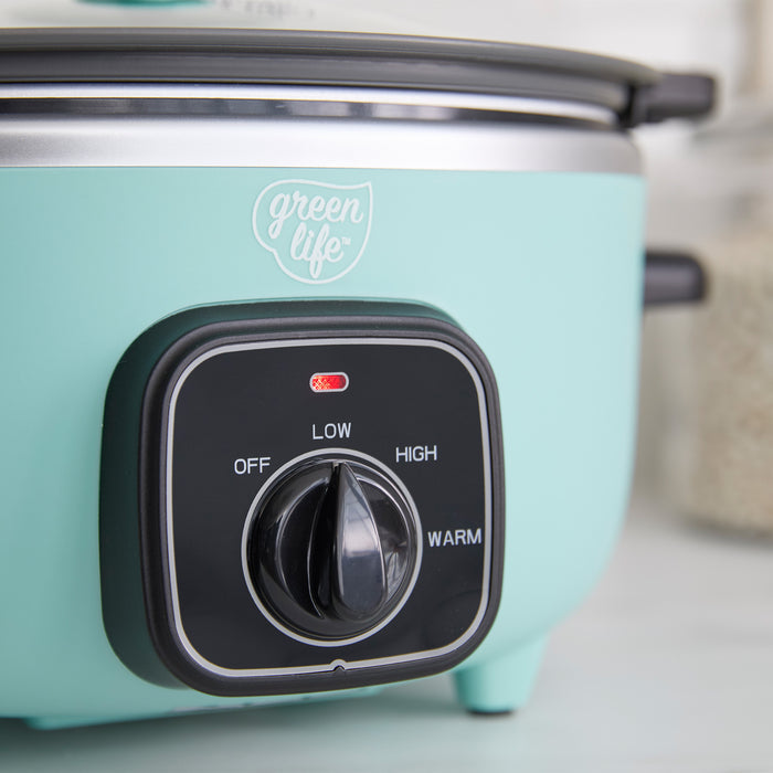 Turquoise slow cooker with black control panel