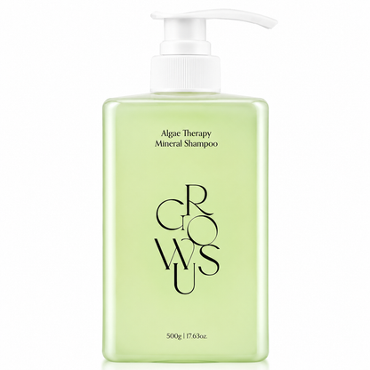 translucent light green crowsu algae therapy mineral shampoo bottle with a white pump on a clean white background, featuring minimalist packaging.