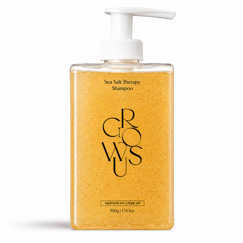 transparent amber growus sea salt therapy shampoo bottle with a white pump on a clean white background, featuring a sea salt-infused formula with visible exfoliating particles.