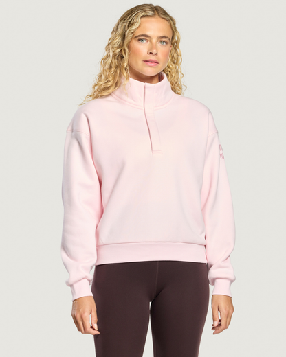 Gym+Coffee Daily Snap Collar Sierra Sweatshirt Ballet Pink worn by model Shop Gym+Coffee at Dotique