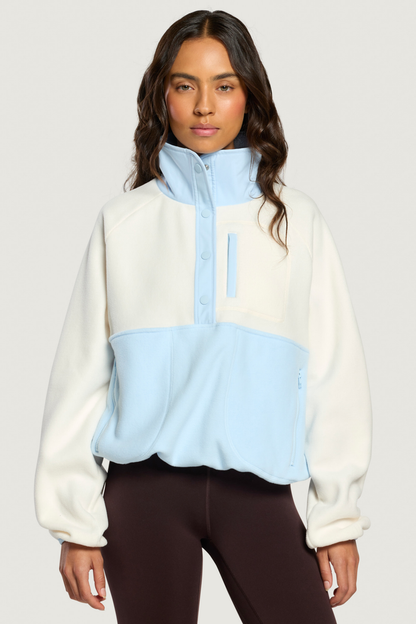 Model wearing Gym+Coffee Snap Polar Fleece Glacial Blue Shop Gym+Coffee at Dotique