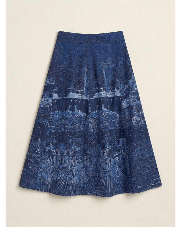 Harvest skirt for women in blue cotton, front flat view, with a printed tonal landscape artwork