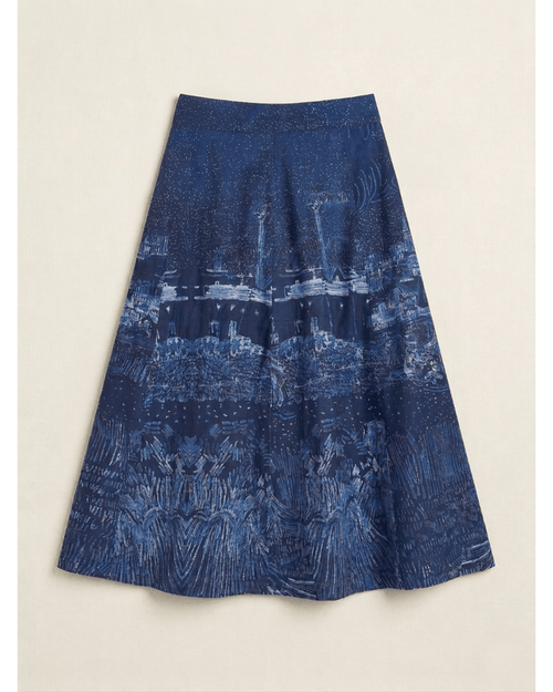 Harvest skirt for women in blue cotton, front flat view, with a printed tonal landscape artwork