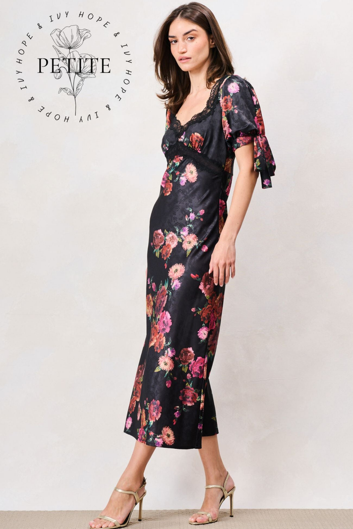 Hope & Ivy Petite Tanya Satin Occasion Dress floral satin dress by Hope and Ivy. Shop Hope and Ivy at Dotique.